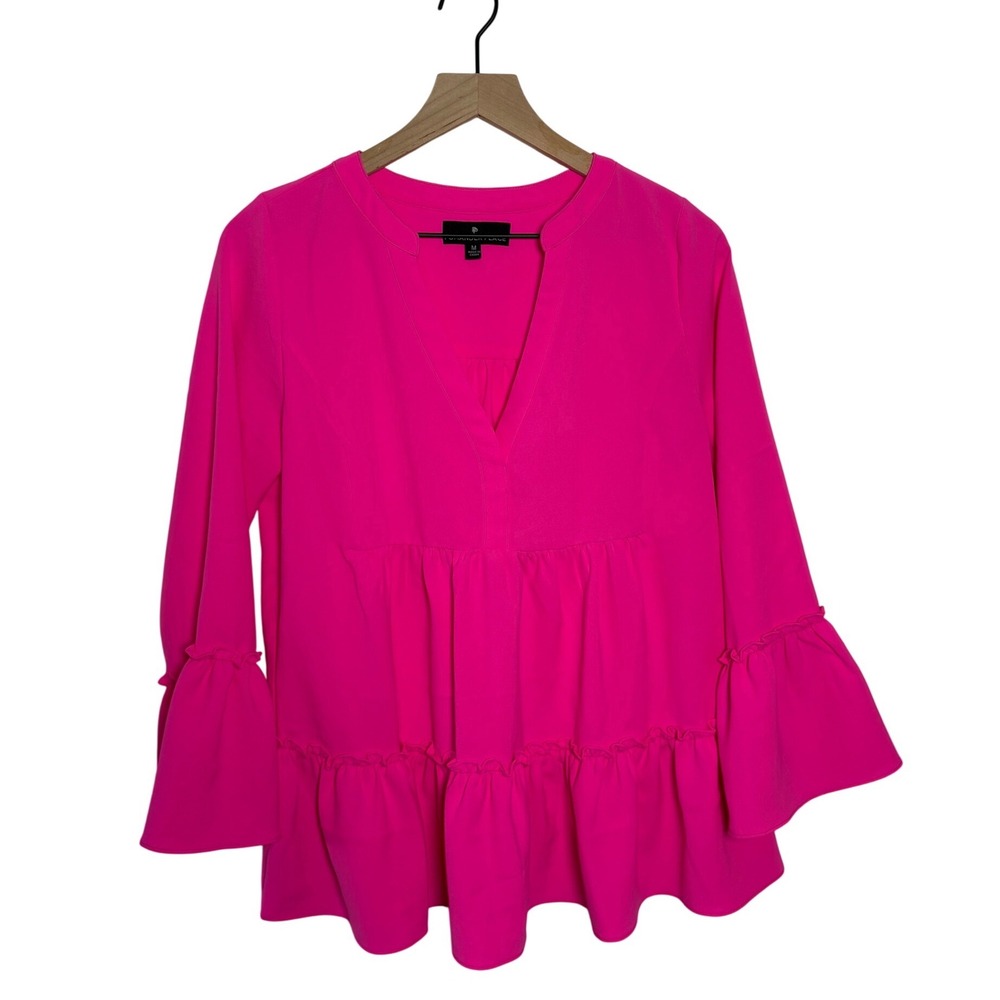 Pomander Place Neon Pink Tiered Babydoll Tunic Ruffle Bell Sleeve Top Medium